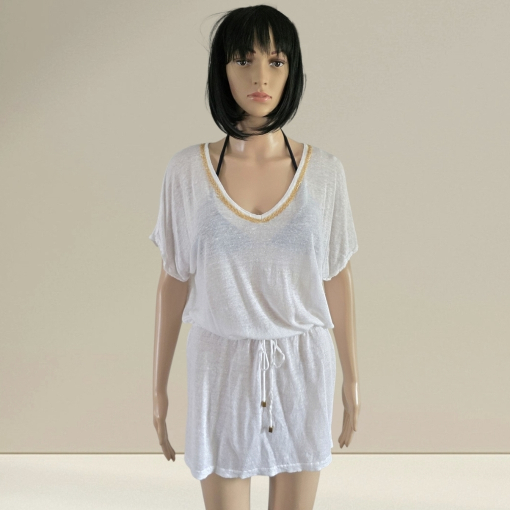 Simons White Short Sleeve Sheer Beaded Cover-Up Dress, Linen Blend, Size M